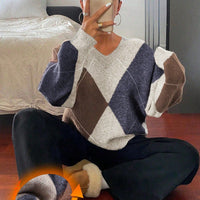 Women’s V-Neck Rhombus Color-Block Sweater – Mori Wind Loose Pullover