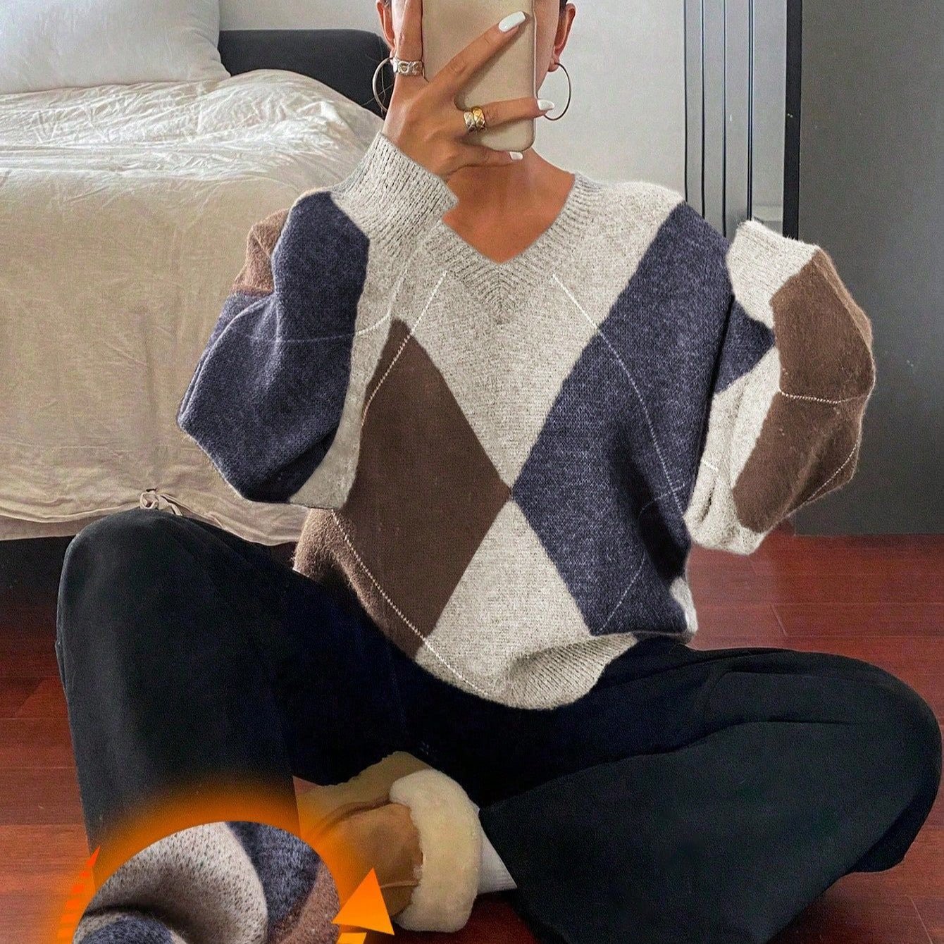 Women’s V-Neck Rhombus Color-Block Sweater – Mori Wind Loose Pullover