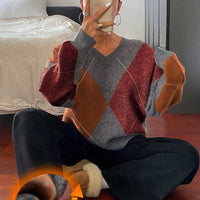 Women’s V-Neck Rhombus Color-Block Sweater – Mori Wind Loose Pullover