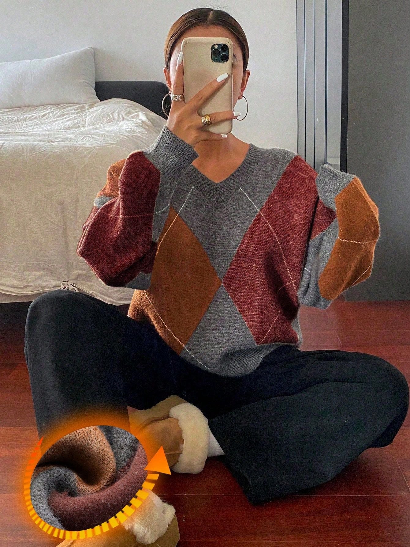 Women’s V-Neck Rhombus Color-Block Sweater – Mori Wind Loose Pullover