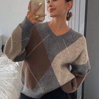 Women’s V-Neck Rhombus Color-Block Sweater – Mori Wind Loose Pullover