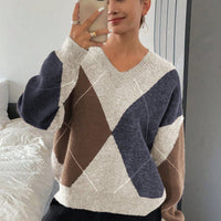 Women’s V-Neck Rhombus Color-Block Sweater – Mori Wind Loose Pullover
