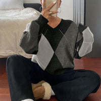 Women’s V-Neck Rhombus Color-Block Sweater – Mori Wind Loose Pullover